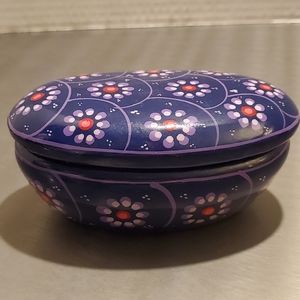 Vintage Red Clay Purple Mexican Folk Art Floral Hand Painted Oval Trinket Box